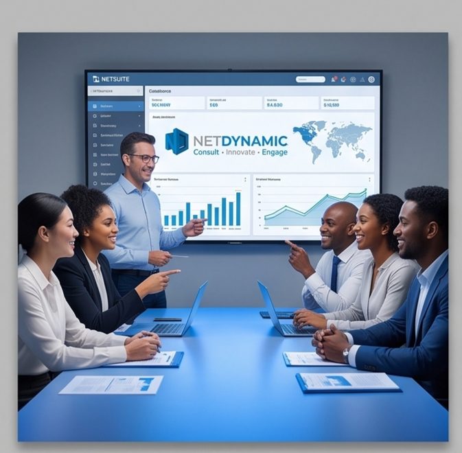 NetDynamic consultants reviewing a NetSuite dashboard with a client team